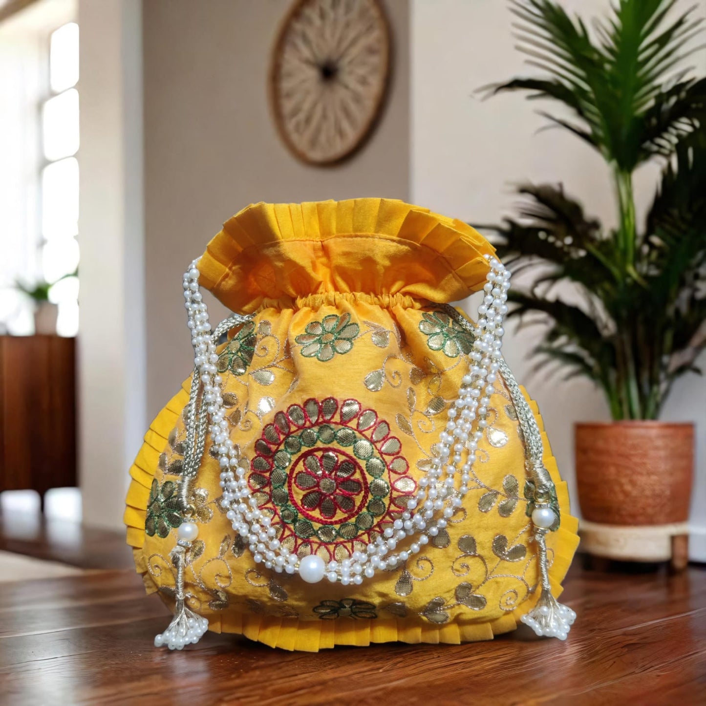 Dupion Suraj Jari Bagh 10x9 Potli Bag