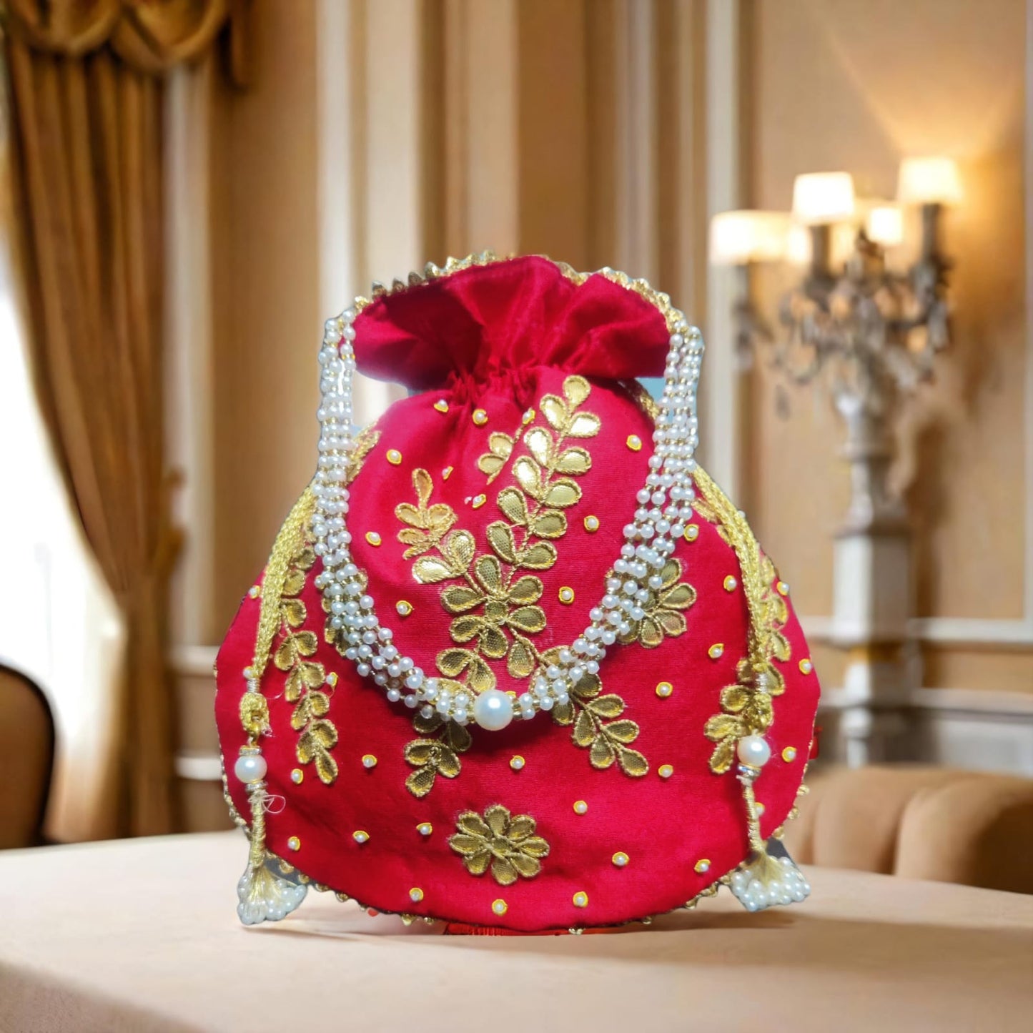 Silk Pearl Char Gottapatti 10x9 Potli Bag