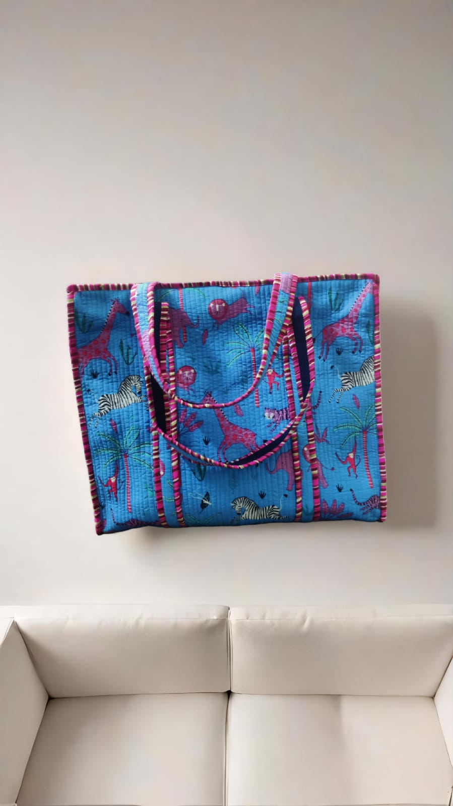 Blue Animal Print Handprinted Tote Bag