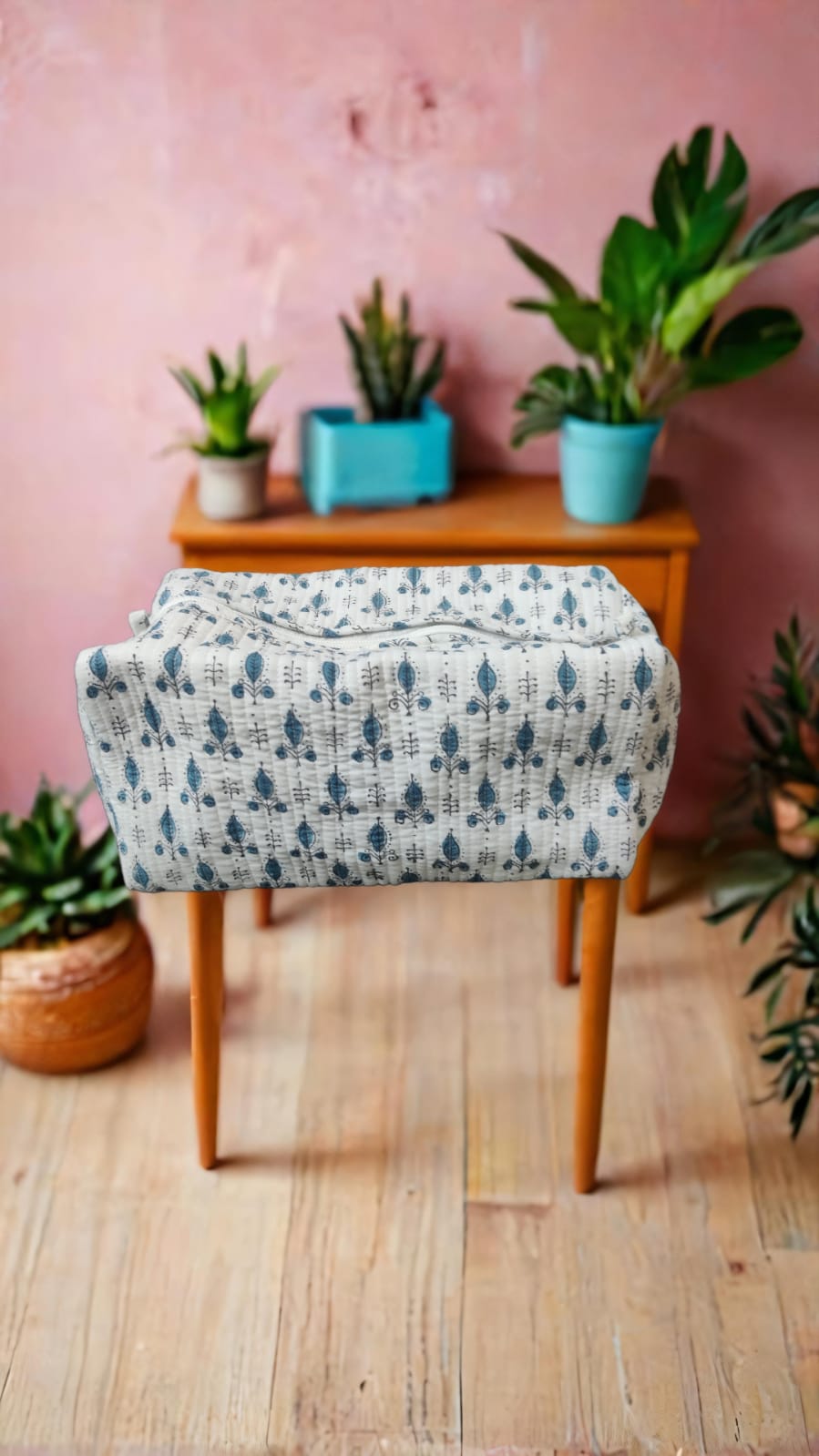 Handcrafted Blue Leaf Cotton Pouch