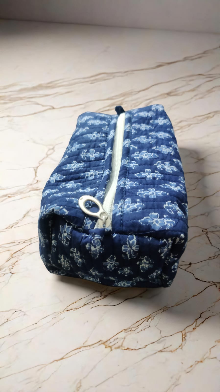 Indigo Blossom Quilted Pouch – Handcrafted Elegance