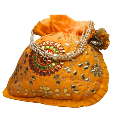 Gota Patti Yellow Potli Bag with Gold Embroidery & Pearl Strings