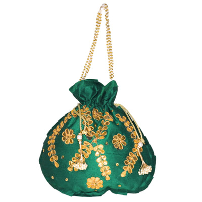 Green embroidered bag with gold details on a white background