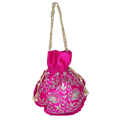 Pink handbag with floral embroidery and gold chain handle on a white background