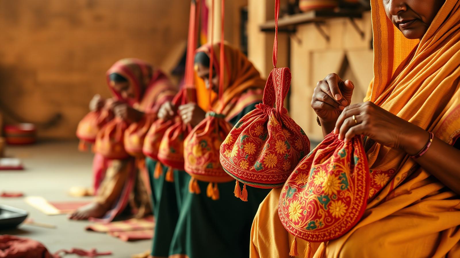 Artisan Shop - Several women in traditional orange and green garments sit indoors holding small embroidered red drawstring pouches with floral patterns.